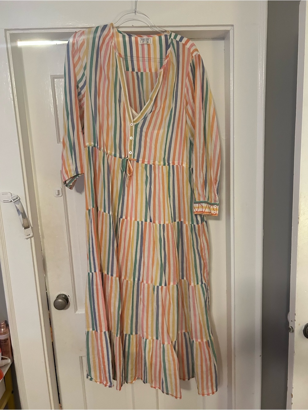 Pink City Prints Striped V-Neck Tiered Maxi Dress in Multi